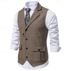 Hot OUKU Men's Vest Gilet Vacation Daily Date Fashion Casual Spring & Fall Buttons Pocket 75% Cotton Comfortable Plain Single Breasted One-button Lapel Regular Fit Burgundy Navy Blue Dark Green Khaki Vest