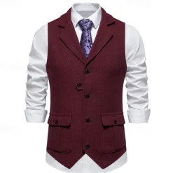 Hot OUKU Men's Vest Gilet Vacation Daily Date Fashion Casual Spring & Fall Buttons Pocket 75% Cotton Comfortable Plain Single Breasted One-button Lapel Regular Fit Burgundy Navy Blue Dark Green Khaki Vest