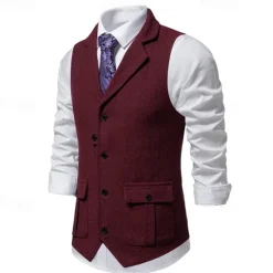 Hot OUKU Men's Vest Gilet Vacation Daily Date Fashion Casual Spring & Fall Buttons Pocket 75% Cotton Comfortable Plain Single Breasted One-button Lapel Regular Fit Burgundy Navy Blue Dark Green Khaki Vest