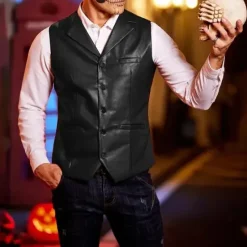Sale OUKU Men's Vest Gilet Vacation Daily Date Fashion Casual Spring Fall Buttons Pocket Faux Leather Comfortable Plain Single Breasted One-button Lapel Regular Fit Dark Brown Black Red Light Brown Vest