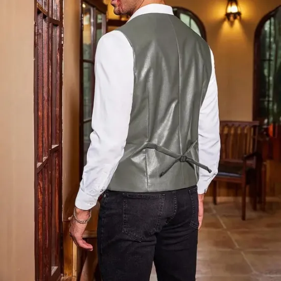 Sale OUKU Men's Vest Gilet Vacation Daily Date Fashion Casual Spring Fall Buttons Pocket Faux Leather Comfortable Plain Single Breasted One-button Lapel Regular Fit Dark Brown Black Red Light Brown Vest
