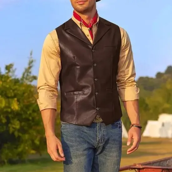 Sale OUKU Men's Vest Gilet Vacation Daily Date Fashion Casual Spring Fall Buttons Pocket Faux Leather Comfortable Plain Single Breasted One-button Lapel Regular Fit Dark Brown Black Red Light Brown Vest