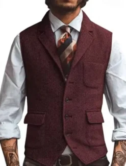 Sale OUKU Men's Vest Gilet Vacation Daily Date Fashion Casual Spring & Fall Buttons Pocket Polyester Comfortable Plain Single Breasted One-button Lapel Regular Fit Silver Dark Brown Black Champagne Vest