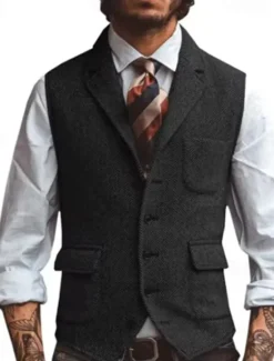 Sale OUKU Men's Vest Gilet Vacation Daily Date Fashion Casual Spring & Fall Buttons Pocket Polyester Comfortable Plain Single Breasted One-button Lapel Regular Fit Silver Dark Brown Black Champagne Vest