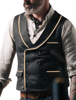 Outlet OUKU Men's Vest Gilet Wedding Business Daily Business Casual Spring Fall Pocket Polyester Breathable Plain Double Breasted Turndown Regular Fit Vest Black