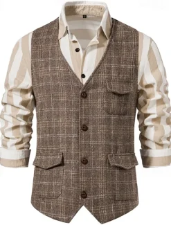 Hot OUKU Men's Vest Gilet Wedding Event / Party Daily Fashion Business Spring & Summer Button Pocket Polyester Comfortable Plaid Double Breasted Lapel Regular Fit Light Grey Dark Gray Coffee Vest