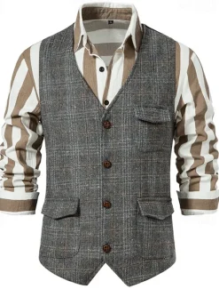 Hot OUKU Men's Vest Gilet Wedding Event / Party Daily Fashion Business Spring & Summer Button Pocket Polyester Comfortable Plaid Double Breasted Lapel Regular Fit Light Grey Dark Gray Coffee Vest