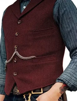 Clearance OUKU Men's Vest Gilet Wedding Event / Party Daily Fashion Business Spring & Summer Button Pocket Thick Chain Polyester Comfortable Plain Single Breasted One-button Lapel Regular Fit Black Burgundy Navy