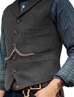 Clearance OUKU Men's Vest Gilet Wedding Event / Party Daily Fashion Business Spring & Summer Button Pocket Thick Chain Polyester Comfortable Plain Single Breasted One-button Lapel Regular Fit Black Burgundy Navy