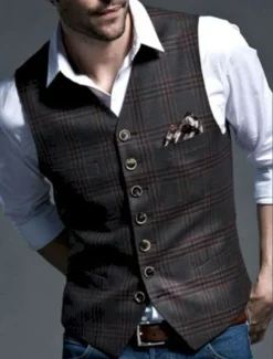 Best OUKU Men's Vest Gilet Wedding Event / Party Daily Fashion Business Spring & Summer Button Pocket Polyester Comfortable Plaid Single Breasted One-button V Neck Regular Fit Vest Black