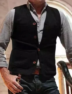 New OUKU Men's Vest Gilet Wedding Event / Party Daily Fashion Business Spring & Fall Button Pocket Polyester Comfortable Plain Single Breasted One-button V Neck Regular Fit Black Light Grey Vest