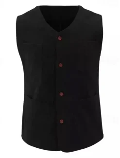 New OUKU Men's Vest Gilet Wedding Event / Party Daily Fashion Business Spring & Fall Button Pocket Polyester Comfortable Plain Single Breasted One-button V Neck Regular Fit Black Light Grey Vest