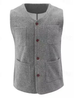 New OUKU Men's Vest Gilet Wedding Event / Party Daily Fashion Business Spring & Fall Button Pocket Polyester Comfortable Plain Single Breasted One-button V Neck Regular Fit Black Light Grey Vest