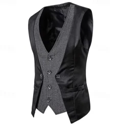 Sale OUKU Men's Vest Gilet Wedding Event / Party Daily Fashion Business Spring & Fall Patchwork Button 2 in 1 Polyester Comfortable Color Block Single Breasted One-button V Neck Regular Fit Black Navy Blue