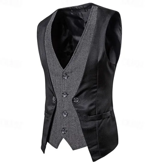 Sale OUKU Men's Vest Gilet Wedding Event / Party Daily Fashion Business Spring & Fall Patchwork Button 2 in 1 Polyester Comfortable Color Block Single Breasted One-button V Neck Regular Fit Black Navy Blue