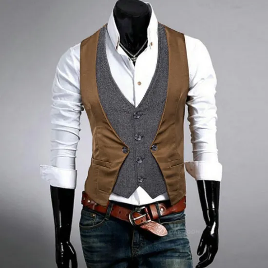 Sale OUKU Men's Vest Gilet Wedding Event / Party Daily Fashion Business Spring & Fall Patchwork Button 2 in 1 Polyester Comfortable Color Block Single Breasted One-button V Neck Regular Fit Black Navy Blue