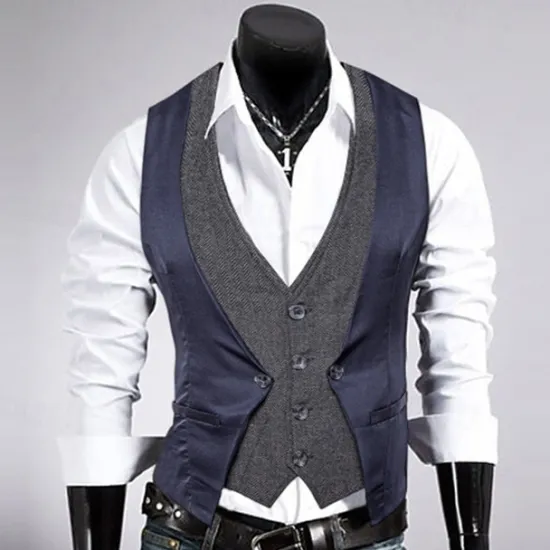 Sale OUKU Men's Vest Gilet Wedding Event / Party Daily Fashion Business Spring & Fall Patchwork Button 2 in 1 Polyester Comfortable Color Block Single Breasted One-button V Neck Regular Fit Black Navy Blue
