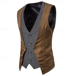Sale OUKU Men's Vest Gilet Wedding Event / Party Daily Fashion Business Spring & Fall Patchwork Button 2 in 1 Polyester Comfortable Color Block Single Breasted One-button V Neck Regular Fit Black Navy Blue