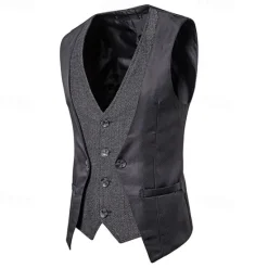 Sale OUKU Men's Vest Gilet Wedding Event / Party Daily Fashion Business Spring & Fall Patchwork Button 2 in 1 Polyester Comfortable Color Block Single Breasted One-button V Neck Regular Fit Black Navy Blue