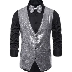 Clearance OUKU Men's Vest Gilet Wedding Party Party / Evening Going out Streetwear Casual Spring Fall Pocket Polyester Warm Quick Dry Solid Color Single Breasted V Neck Regular Fit Silver Black Red Royal Blue Vest