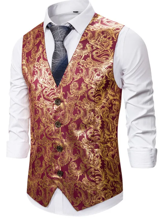 Outlet OUKU Men's Vest Gilet Wedding Smart Casual Polyester Geometric V Neck Skinny Red Purple Gold Vest