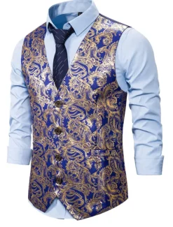 Outlet OUKU Men's Vest Gilet Wedding Smart Casual Polyester Geometric V Neck Skinny Red Purple Gold Vest