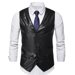 Best OUKU Men's Vest Leather Vest Birthday Party Casual Daily Traditional / Classic All Seasons Faux Leather Lightweight Solid / Plain Color Single Breasted Collarless Slim Fit claret Black Brown Vest
