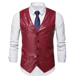 Best OUKU Men's Vest Leather Vest Birthday Party Casual Daily Traditional / Classic All Seasons Faux Leather Lightweight Solid / Plain Color Single Breasted Collarless Slim Fit claret Black Brown Vest