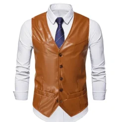 Best OUKU Men's Vest Leather Vest Birthday Party Casual Daily Traditional / Classic All Seasons Faux Leather Lightweight Solid / Plain Color Single Breasted Collarless Slim Fit claret Black Brown Vest