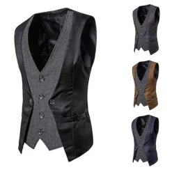 Clearance OUKU Men's Vest Leather Vest Daily Wear Vacation Going out Fashion Basic Spring & Fall Button Polyester Faux Leather Comfortable Color Block Single Breasted V Neck Regular Fit Dark-Gray Black Dark Navy