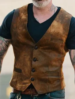 Sale OUKU Men's Vest Suit Vest Gilet Party Evening Festival Vintage Casual Cotton Blend Color Block Single Breasted One-button V Neck Slim Vest Brown