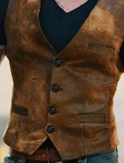 Sale OUKU Men's Vest Suit Vest Gilet Party Evening Festival Vintage Casual Cotton Blend Color Block Single Breasted One-button V Neck Slim Vest Brown