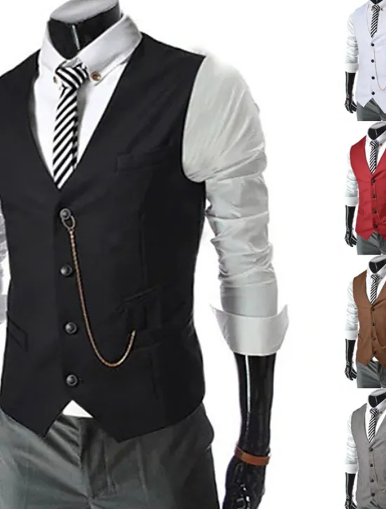 Outlet OUKU Men's Vest Suit Vest Gilet Wedding Business Causal Casual 1920s Smart Casual Polyester Solid Colored Single Breasted Shirt Collar Slim Black Red Light Grey Vest