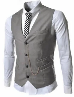 Outlet OUKU Men's Vest Suit Vest Gilet Wedding Business Causal Casual 1920s Smart Casual Polyester Solid Colored Single Breasted Shirt Collar Slim Black Red Light Grey Vest