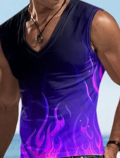 New OUKU Men's Vest Top Sleeveless T Shirt for Men Graphic Flame V Neck Clothing Apparel 3D Print Sports Running Sleeveless 3D Print Designer Casual Muscle