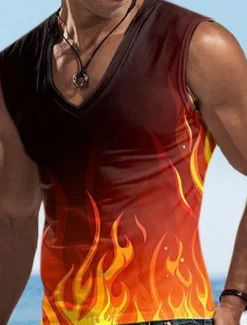 New OUKU Men's Vest Top Sleeveless T Shirt for Men Graphic Flame V Neck Clothing Apparel 3D Print Sports Running Sleeveless 3D Print Designer Casual Muscle