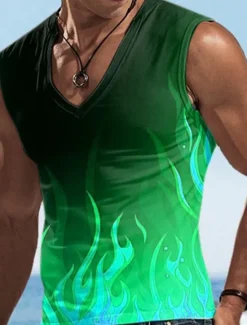 New OUKU Men's Vest Top Sleeveless T Shirt for Men Graphic Flame V Neck Clothing Apparel 3D Print Sports Running Sleeveless 3D Print Designer Casual Muscle