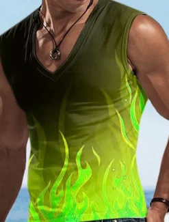 New OUKU Men's Vest Top Sleeveless T Shirt for Men Graphic Flame V Neck Clothing Apparel 3D Print Sports Running Sleeveless 3D Print Designer Casual Muscle