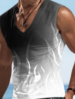 New OUKU Men's Vest Top Sleeveless T Shirt for Men Graphic Flame V Neck Clothing Apparel 3D Print Sports Running Sleeveless 3D Print Designer Casual Muscle
