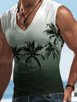 Sale OUKU Men's Vest Top Sleeveless T Shirt for Men Graphic Coconut Tree V Neck Clothing Apparel 3D Print Sports Running Sleeveless 3D Print Designer Casual Muscle