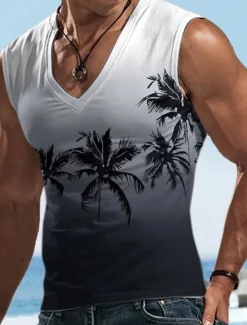 Sale OUKU Men's Vest Top Sleeveless T Shirt for Men Graphic Coconut Tree V Neck Clothing Apparel 3D Print Sports Running Sleeveless 3D Print Designer Casual Muscle