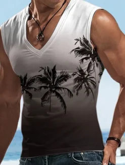 Sale OUKU Men's Vest Top Sleeveless T Shirt for Men Graphic Coconut Tree V Neck Clothing Apparel 3D Print Sports Running Sleeveless 3D Print Designer Casual Muscle