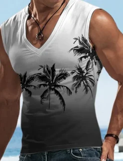 Sale OUKU Men's Vest Top Sleeveless T Shirt for Men Graphic Coconut Tree V Neck Clothing Apparel 3D Print Sports Running Sleeveless 3D Print Designer Casual Muscle
