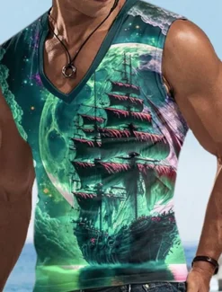 Best OUKU Men's Vest Top Sleeveless T Shirt for Men Graphic Boat V Neck Clothing Apparel 3D Print Sports Running Sleeveless 3D Print Designer Casual Muscle