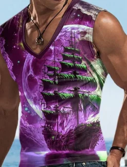 Best OUKU Men's Vest Top Sleeveless T Shirt for Men Graphic Boat V Neck Clothing Apparel 3D Print Sports Running Sleeveless 3D Print Designer Casual Muscle