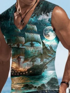 Best OUKU Men's Vest Top Sleeveless T Shirt for Men Graphic Boat V Neck Clothing Apparel 3D Print Sports Running Sleeveless 3D Print Designer Casual Muscle