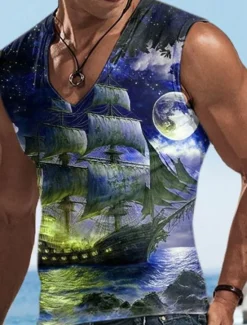 Best OUKU Men's Vest Top Sleeveless T Shirt for Men Graphic Boat V Neck Clothing Apparel 3D Print Sports Running Sleeveless 3D Print Designer Casual Muscle