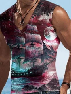 Best OUKU Men's Vest Top Sleeveless T Shirt for Men Graphic Boat V Neck Clothing Apparel 3D Print Sports Running Sleeveless 3D Print Designer Casual Muscle