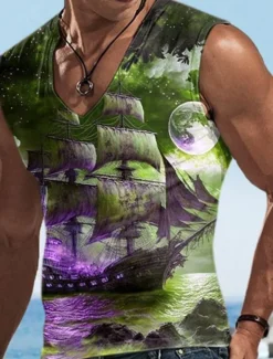 Best OUKU Men's Vest Top Sleeveless T Shirt for Men Graphic Boat V Neck Clothing Apparel 3D Print Sports Running Sleeveless 3D Print Designer Casual Muscle