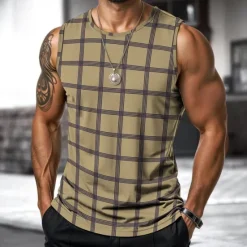 Sale OUKU Men's Vest Top Undershirt Sleeveless Shirt Sleeveless Crewneck Spring & Summer Plaid / Striped / Chevron / Round Fashion Designer Vacation Street Going out Black Brown Khaki Top Tee for Men